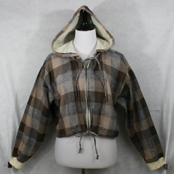 Vintage 60's Angelique IMP Multi-Brown Check Cotton Crop Jacket w/Hood SZ M GC - Picture 5 of 11